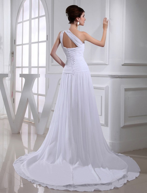 A-Line/Princess Beading One-shoulder Sleeveless Chiffon Applique Wedding Dresses DFP0006695