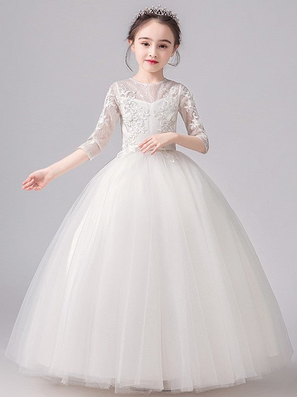 A-Line/Princess Lace Bowknot Scoop 3/4 Sleeves Floor-Length Flower Girl Dresses DFP0007506