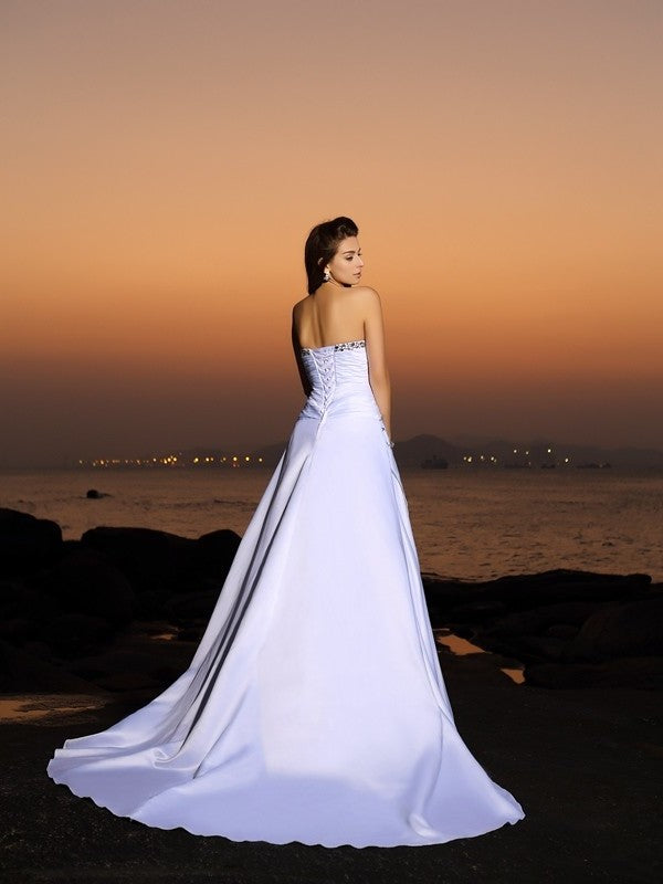 A-Line/Princess Strapless Beading Sleeveless Long Satin Beach Wedding Dresses DFP0006291