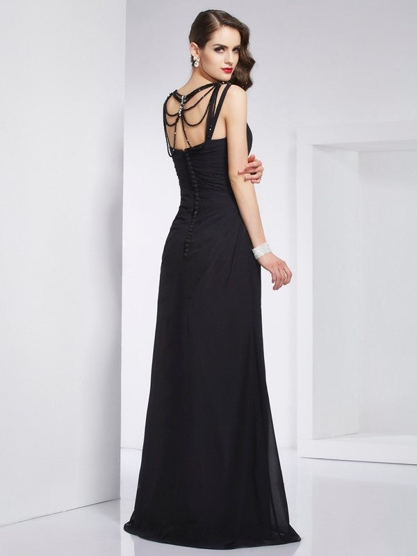 Sheath/Column V-neck Sleeveless Beading Long Chiffon Dresses DFP0004097