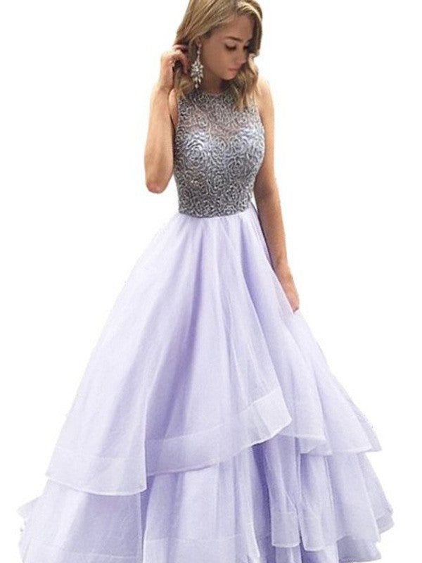 Ball Gown Scoop Sleeveless Floor-Length Beading Organza Dresses DFP0001998