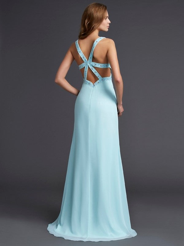 Sheath/Column V-neck Sleeveless Beading Long Chiffon Dresses DFP0002781