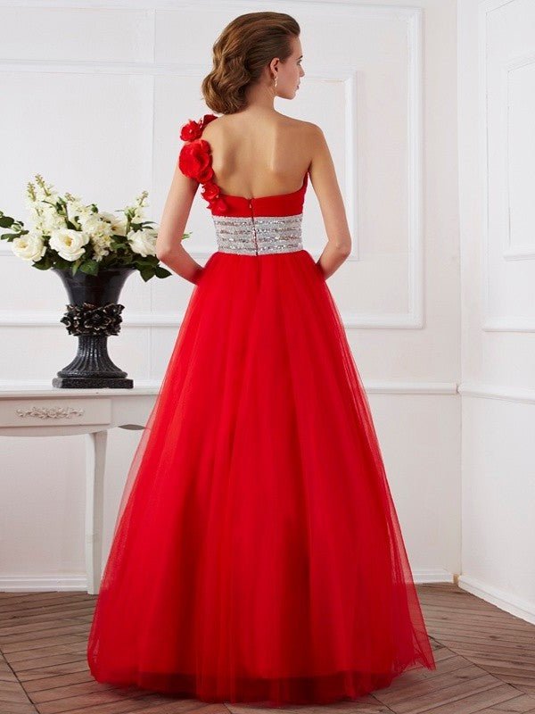 Ball Gown One-Shoulder Sleeveless Hand-Made Flower Long Net Quinceanera Dresses DFP0009123