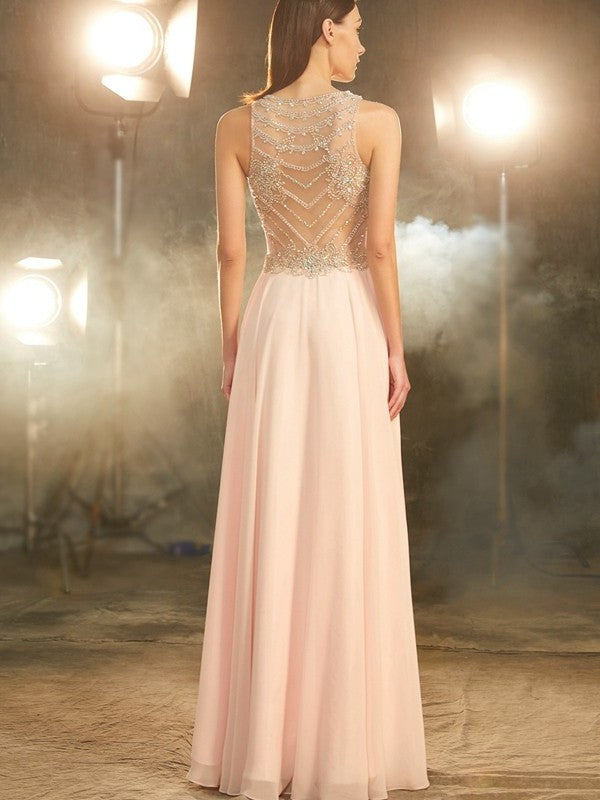 A-Line/Princess Scoop Sleeveless Chiffon Crystal Floor-length Dresses DFP0002399