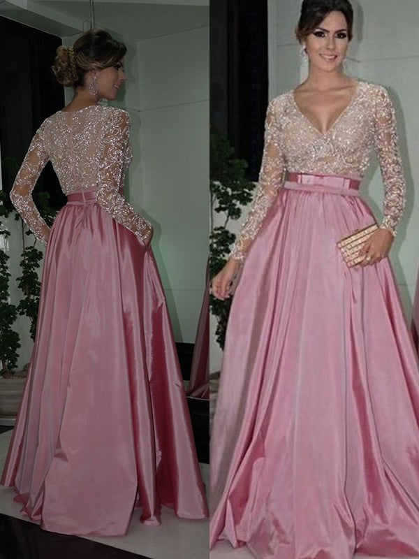 A-Line/Princess Long Sleeves V-neck Floor-Length Lace Satin Dresses DFP0002757