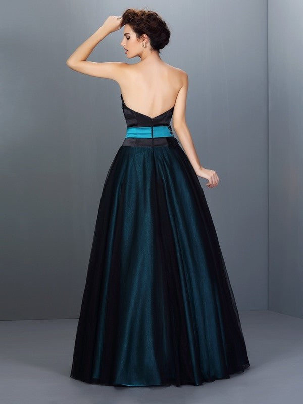 Ball Gown Strapless Feathers/Fur Sleeveless Long Elastic Woven Satin Quinceanera Dresses DFP0004004