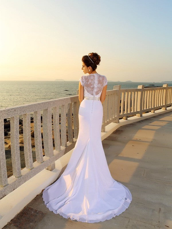 Sheath/Column V-neck Beading Sleeveless Long Chiffon Beach Wedding Dresses DFP0006314