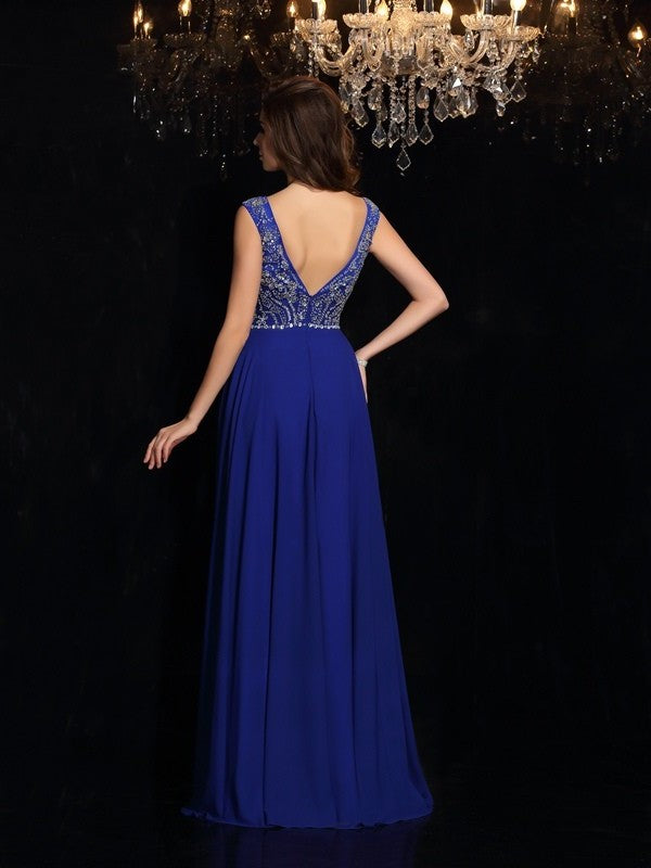 A-Line/Princess Scoop Beading Sleeveless Long Chiffon Dresses DFP0002886