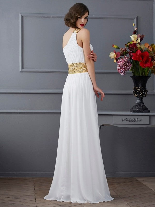 A-Line/Princess One-Shoulder Sleeveless Ruched Long Chiffon Dresses DFP0002590