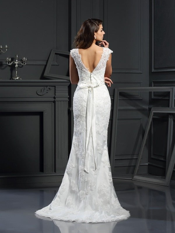 A-Line/Princess Bateau Lace Sleeveless Long Satin Wedding Dresses DFP0006429