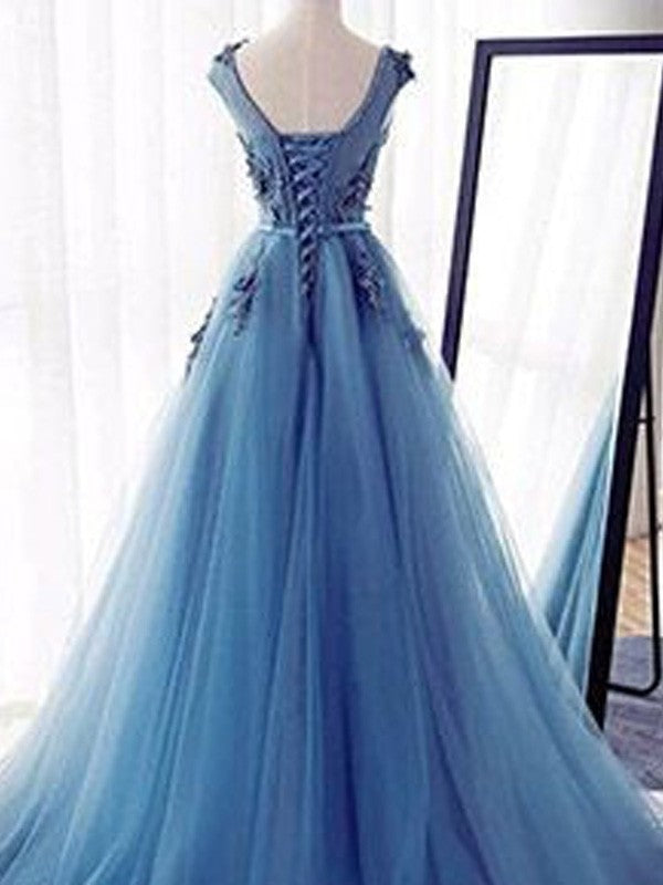 Ball Gown Sleeveless Jewel Sweep/Brush Train Applique Tulle Dresses DFP0001793