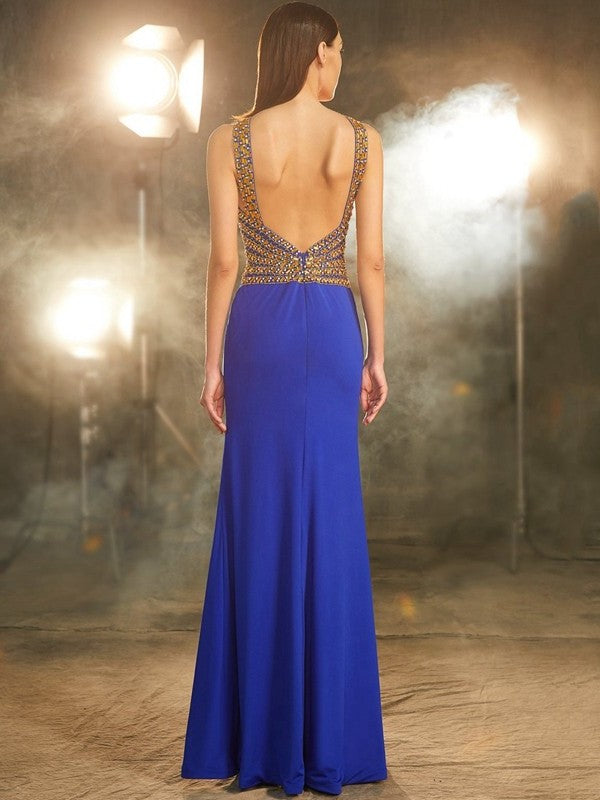 Sheath/Column Scoop Sleeveless Floor-Length Beading Spandex Dresses DFP0004164