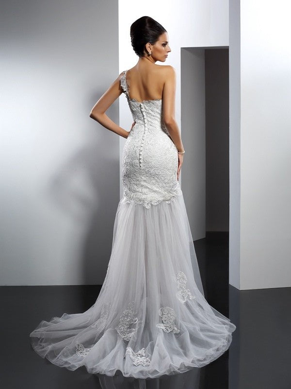 Trumpet/Mermaid One-Shoulder Lace Sleeveless Long Lace Wedding Dresses DFP0006558