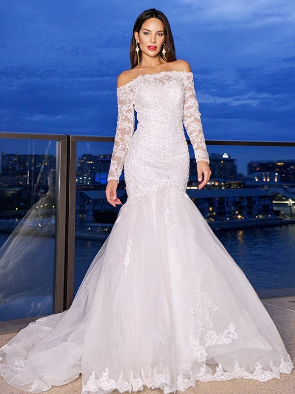 Trumpet/Mermaid Lace Tulle Long Sleeves Off-the-Shoulder Sweep/Brush Train Wedding Dresses DFP0005958
