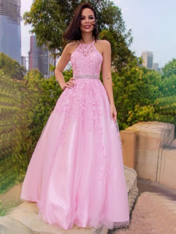 A-Line/Princess Tulle Applique Halter Sleeveless Floor-Length Dresses DFP0001607