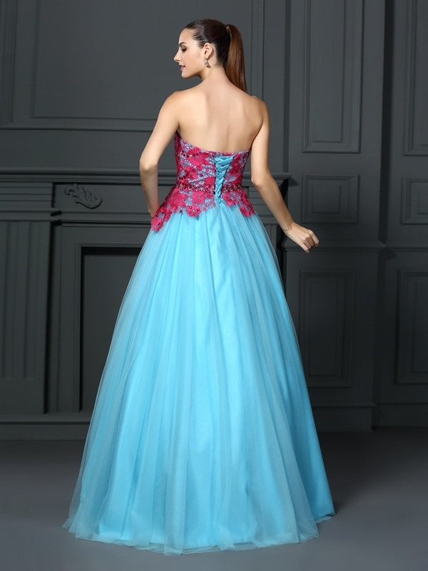 Ball Gown Sweetheart Lace Sleeveless Long Satin Quinceanera Dresses DFP0004308