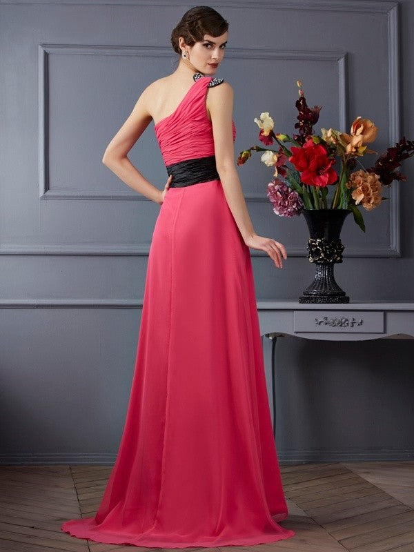 A-Line/Princess One-Shoulder Sleeveless Pleats Long Chiffon Dresses DFP0004527