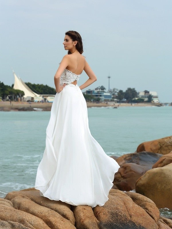 A-Line/Princess Sweetheart Beading Sleeveless Long Chiffon Beach Wedding Dresses DFP0006254