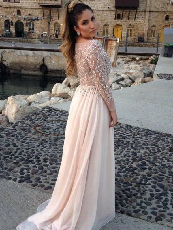 Long Sleeves A-line/Princess Bateau Beading Floor-length Chiffon Dress DFP0001876