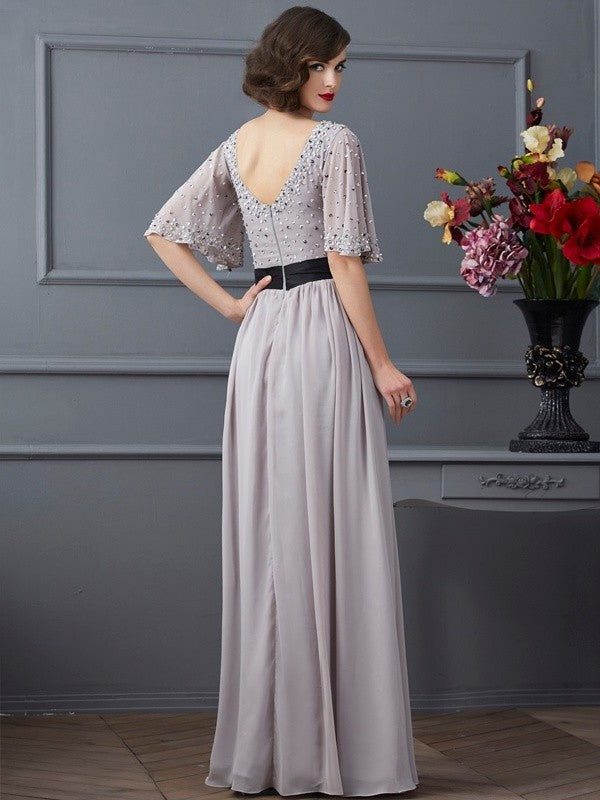 A-Line/Princess High Neck 1/2 Sleeves Beading Long Chiffon Dresses DFP0002555