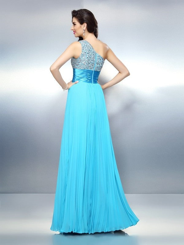 A-Line/Princess One-Shoulder Beading Sleeveless Long Chiffon Dresses DFP0004040