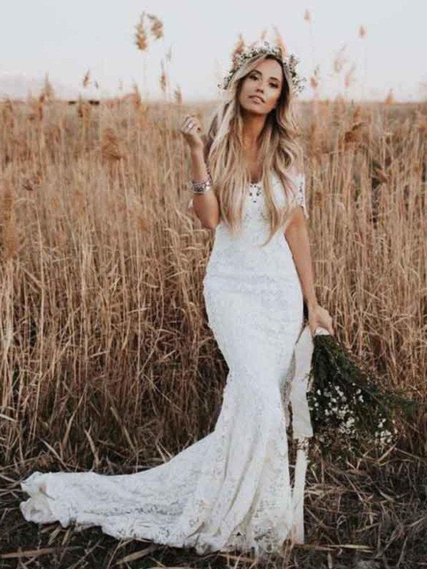 Trumpet/Mermaid Lace Applique Off-the-Shoulder Short Sleeves Court Train Wedding Dresses DFP0006221