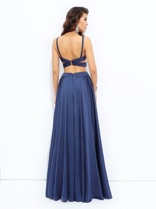 A-line/Princess Straps Sleeveless Long Satin Chiffon Two Piece Dresses DFP0002457