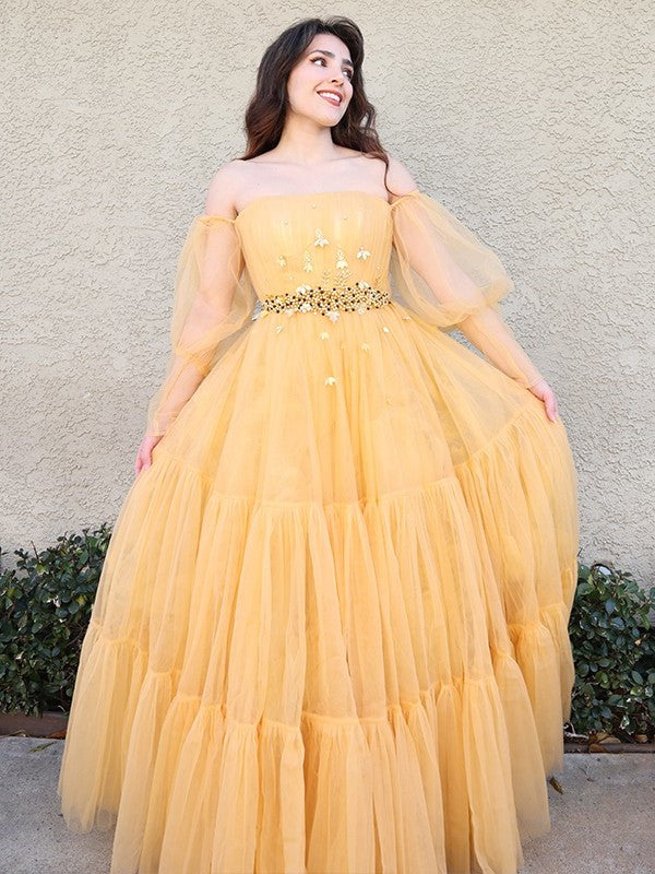A-Line/Princess Tulle Beading Off-the-Shoulder Long Sleeves Floor-Length Dresses DFP0001698