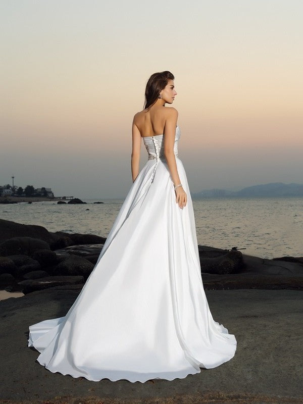 A-Line/Princess Sweetheart Beading Sleeveless Long Taffeta Beach Wedding Dresses DFP0006243