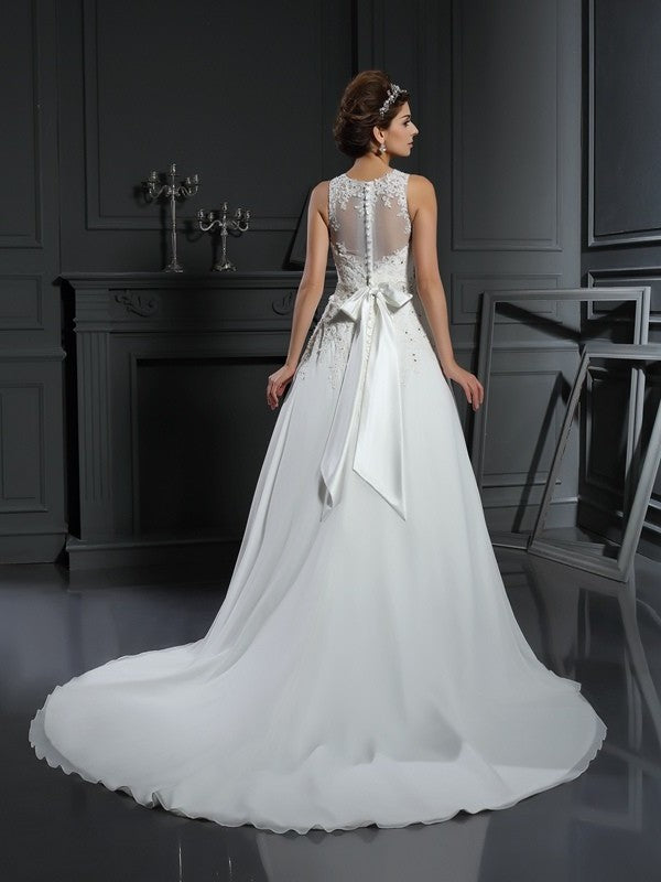 A-Line/Princess High Neck Beading Sleeveless Long Satin Wedding Dresses DFP0006597
