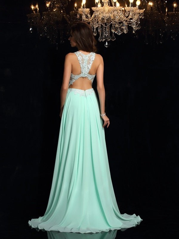 A-Line/Princess High Neck Applique Sleeveless Long Chiffon Dresses DFP0001710