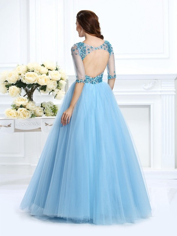 Ball Gown V-neck Beading 1/2 Sleeves Long Satin Quinceanera Dresses DFP0003284