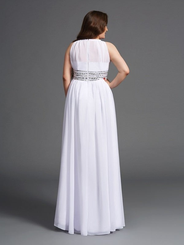 A-Line/Princess Jewel Beading Sleeveless Long Chiffon Plus Size Dresses DFP0002515