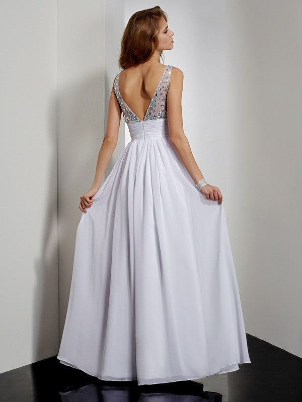 A-Line/Princess V-neck Rhinestone Sleeveless Long Chiffon Dresses DFP0002462