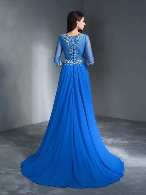 A-Line/Princess Scoop Beading 1/2 Sleeves Long Chiffon Dresses DFP0003053