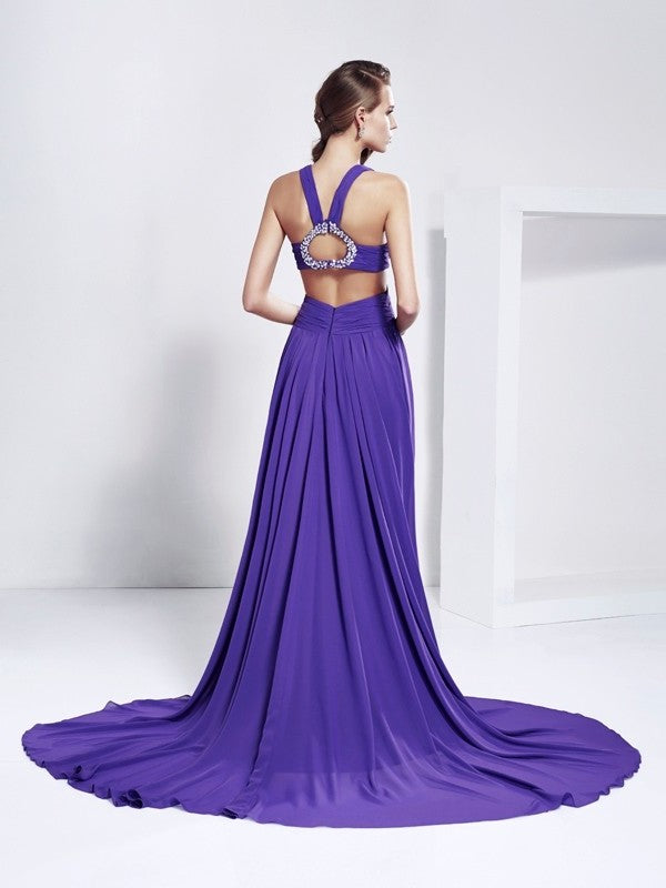 A-Line/Princess V-neck Sleeveless Rhinestone Long Chiffon Dresses DFP0003151