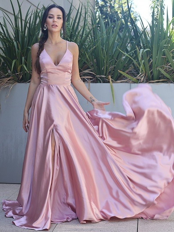 A-Line/Princess Silk like Satin Ruffles V-neck Sleeveless Sweep/Brush Train Dresses DFP0001612