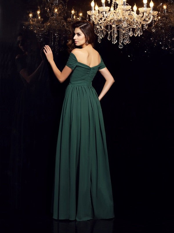 A-Line/Princess Off-the-Shoulder Ruched Sleeveless Long Chiffon Dresses DFP0002226