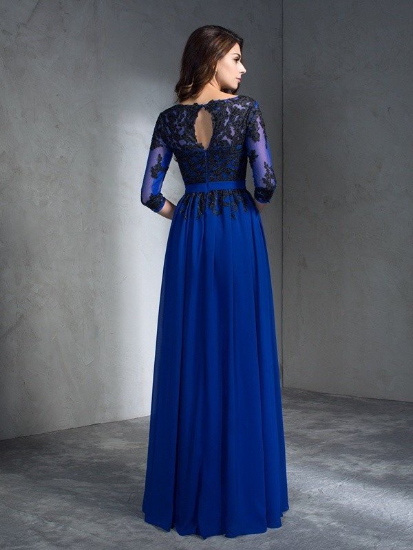 A-Line/Princess Scoop Applique 3/4 Sleeves Long Chiffon Dresses DFP0002930