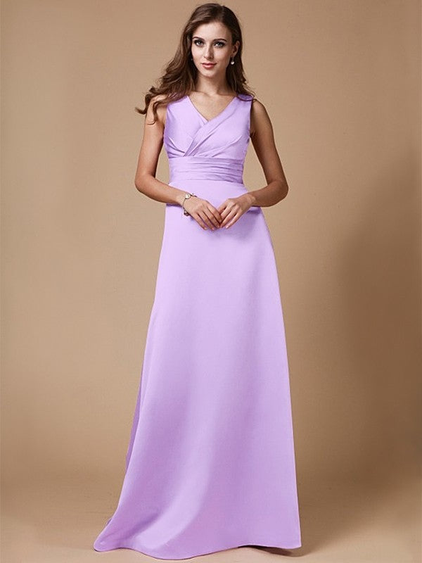 A-Line/Princess V-neck Long Sleeveless Elastic Woven Satin Bridesmaid Dresses DFP0005409