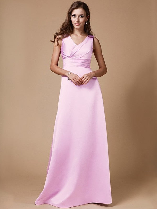 A-Line/Princess V-neck Long Sleeveless Elastic Woven Satin Bridesmaid Dresses DFP0005409