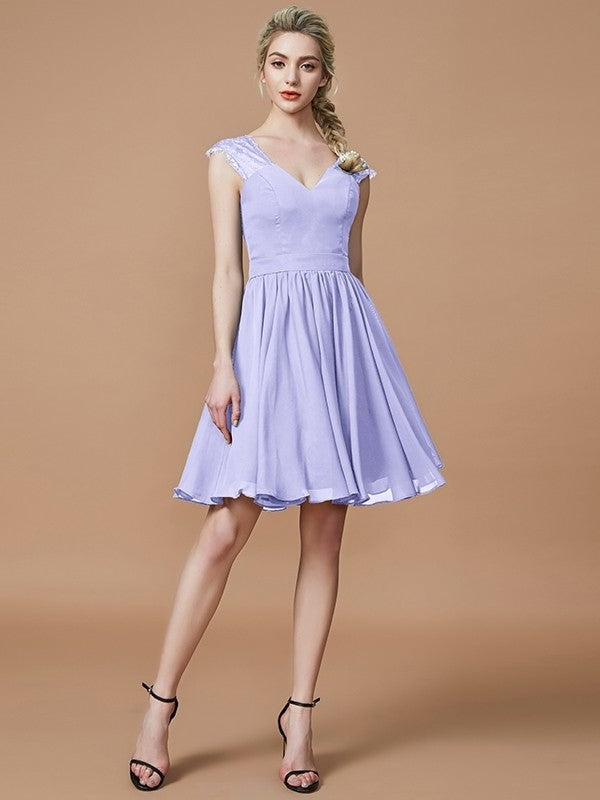 A-Line/Princess V-neck Chiffon Knee-Length Bridesmaid Dresses DFP0005411