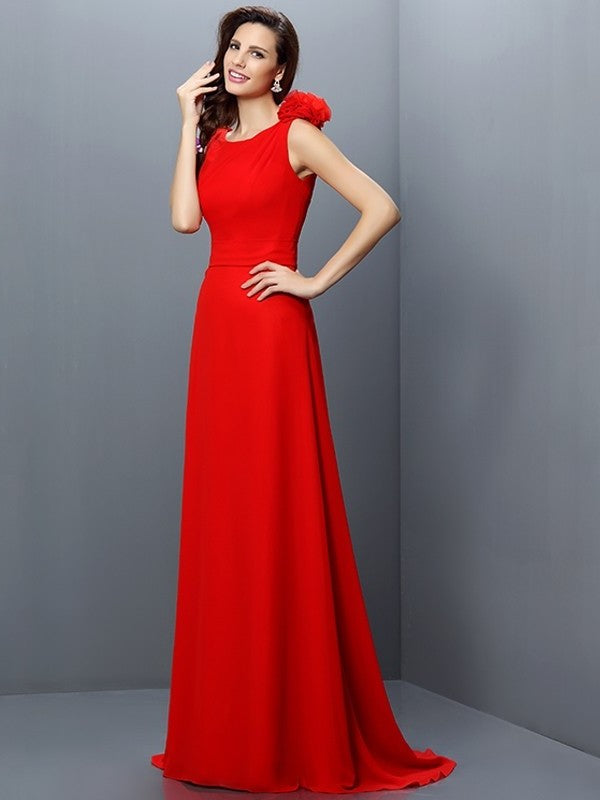 A-Line/Princess Bateau Hand-Made Flower Sleeveless Long Chiffon Bridesmaid Dresses DFP0005638