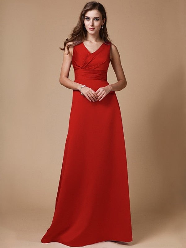 A-Line/Princess V-neck Long Sleeveless Elastic Woven Satin Bridesmaid Dresses DFP0005409