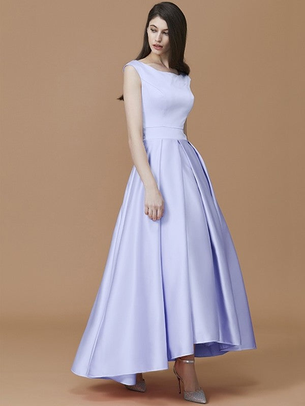 A-Line/Princess Bateau Sleeveless Asymmetrical Ruffles Satin Bridesmaid Dresses DFP0005281