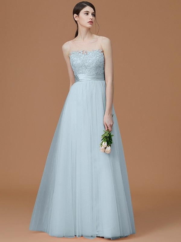 A-Line/Princess Bateau Sleeveless Floor-Length Applique Tulle Bridesmaid Dresses DFP0005365