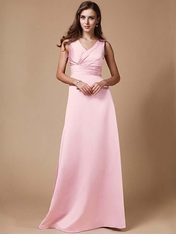 A-Line/Princess V-neck Long Sleeveless Elastic Woven Satin Bridesmaid Dresses DFP0005409