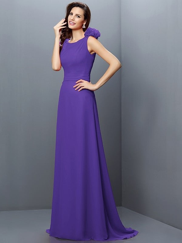 A-Line/Princess Bateau Hand-Made Flower Sleeveless Long Chiffon Bridesmaid Dresses DFP0005638