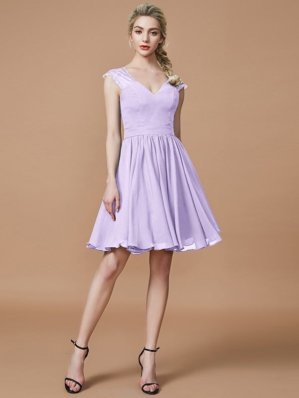 A-Line/Princess V-neck Chiffon Knee-Length Bridesmaid Dresses DFP0005411