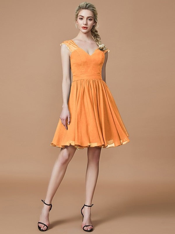 A-Line/Princess V-neck Chiffon Knee-Length Bridesmaid Dresses DFP0005411